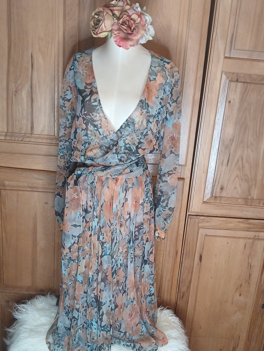 Sandler Sheer Floral Wrap 3 Piece Skirt Set in Peach & Teal